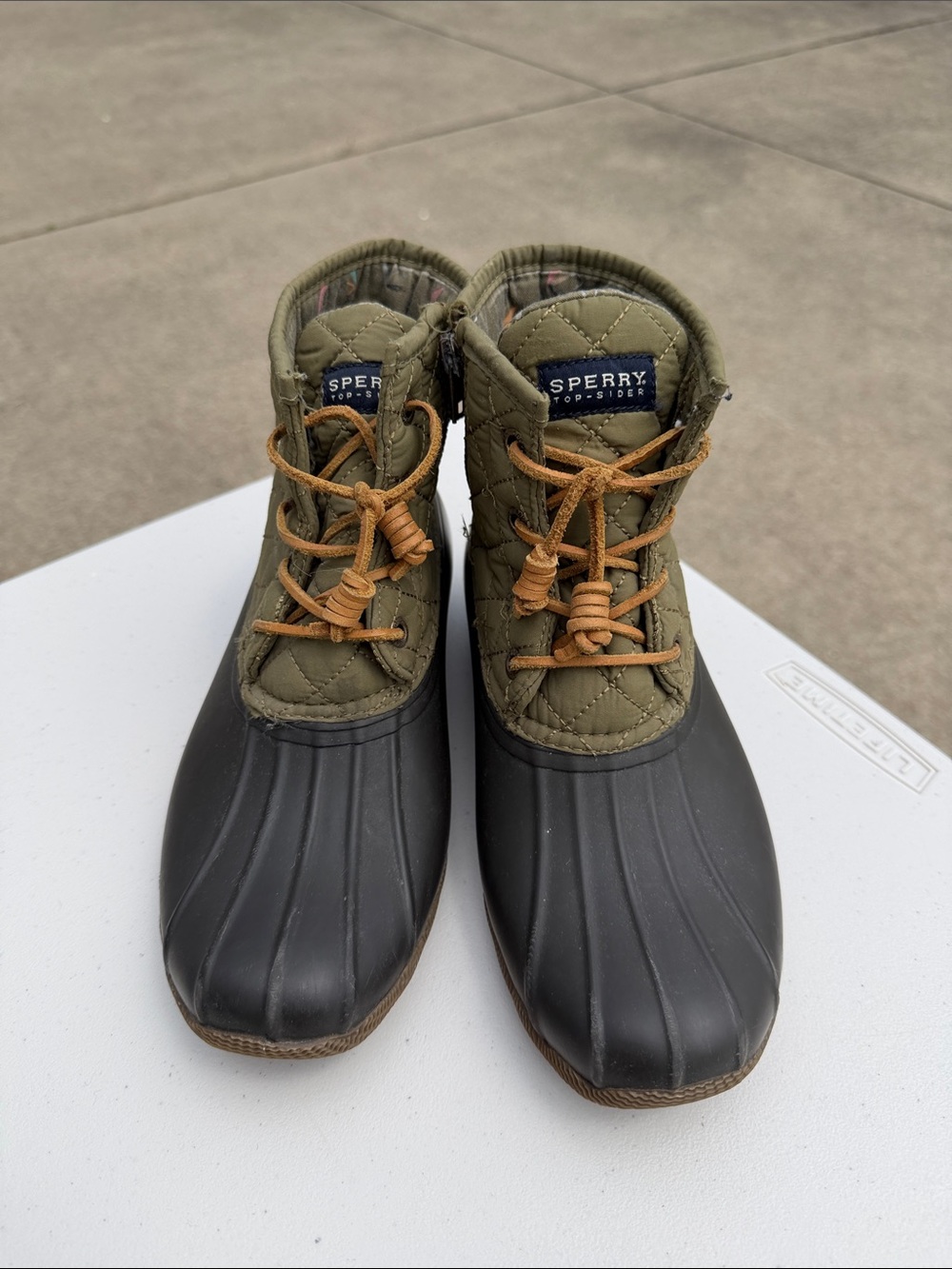 Sperry Olive Green Quilted Duck Boots with Black Rubber Toe